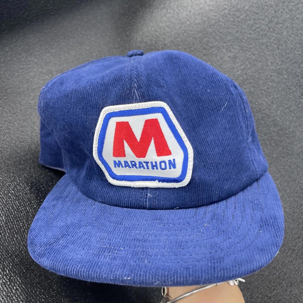 Vintage Marathon‎ Gas SnapBack Blue Corduroy Trucker Hat Made In USA Foam H45
